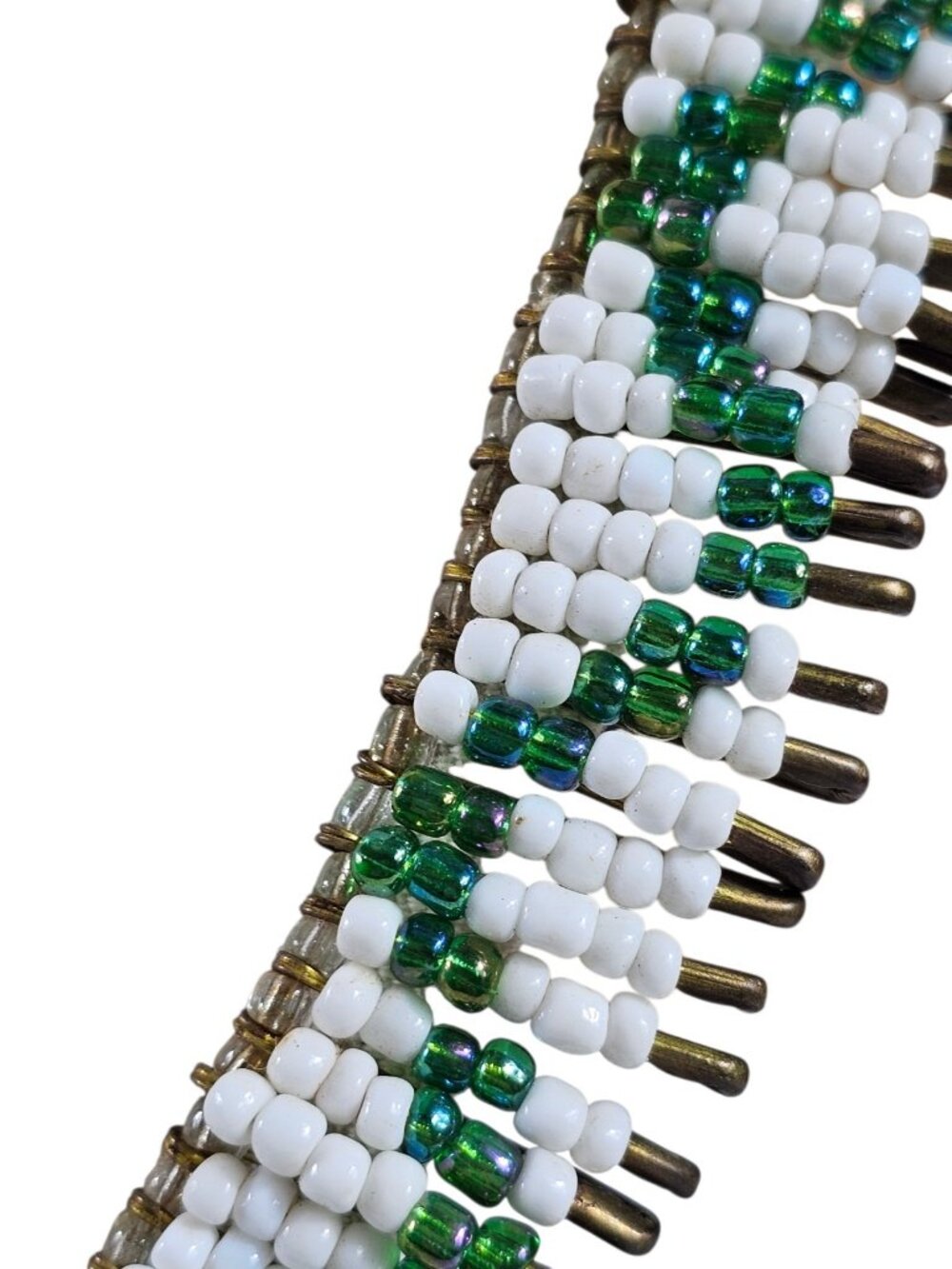 Safety Pin Beaded Necklace 22.5” White Green Glass Beads Statement Boho Tribal - Picture 6 of 10